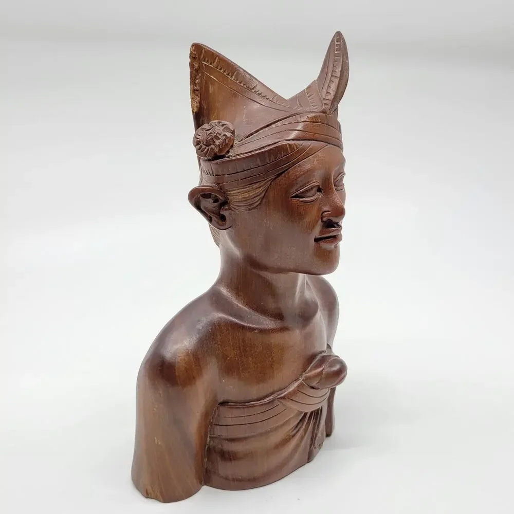 Vintage Bali Solid Carved Wooden Bust of a Young Man